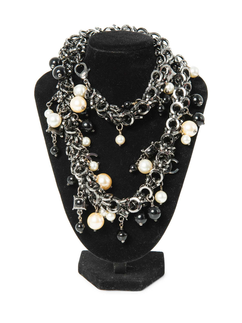 CHANEL CC Logo Pearl Runway Necklace Black White-designer resale