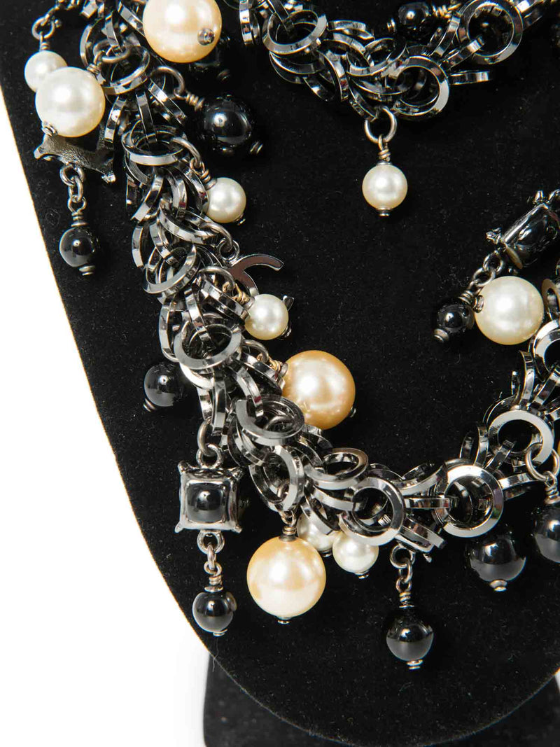 CHANEL CC Logo Pearl Runway Necklace Black White-designer resale