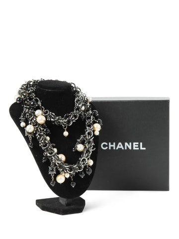 CHANEL CC Logo Pearl Runway Necklace Black White-designer resale