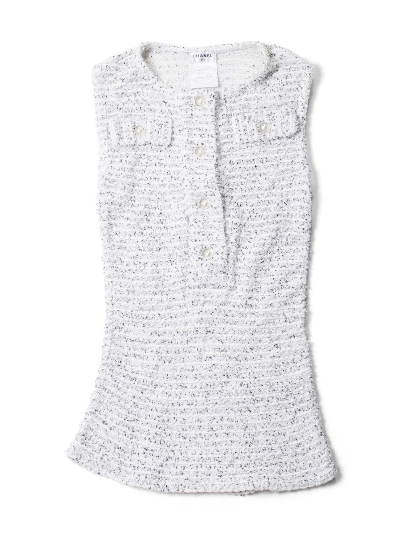 CHANEL CC Logo Pearl Tweed Fringe Sleeveless Blouse White-designer resale