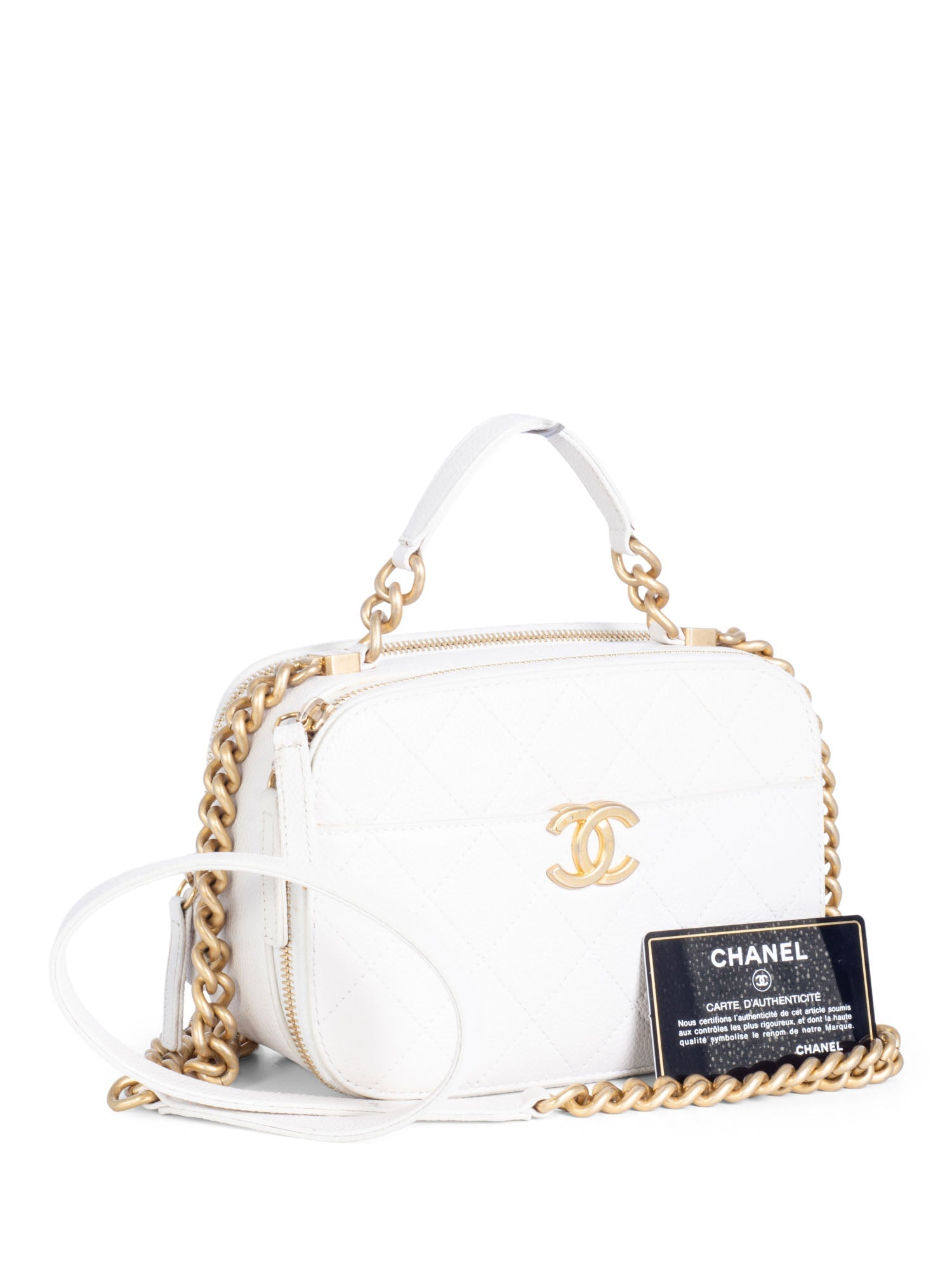 CHANEL CC Logo Quilted Caviar Camera Messenger Bag White