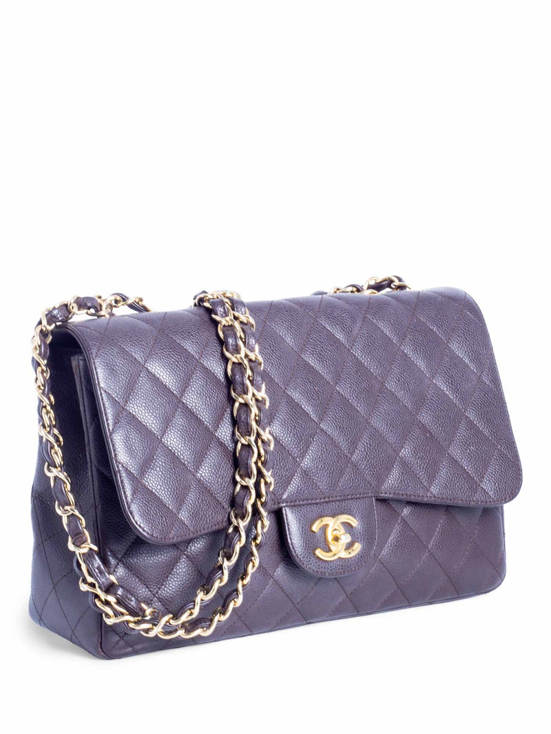 CHANEL CC Logo Quilted Caviar Jumbo Double Flap Bag Brown Gold-designer resale