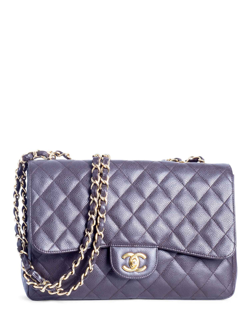 CHANEL CC Logo Quilted Caviar Jumbo Double Flap Bag Brown Gold