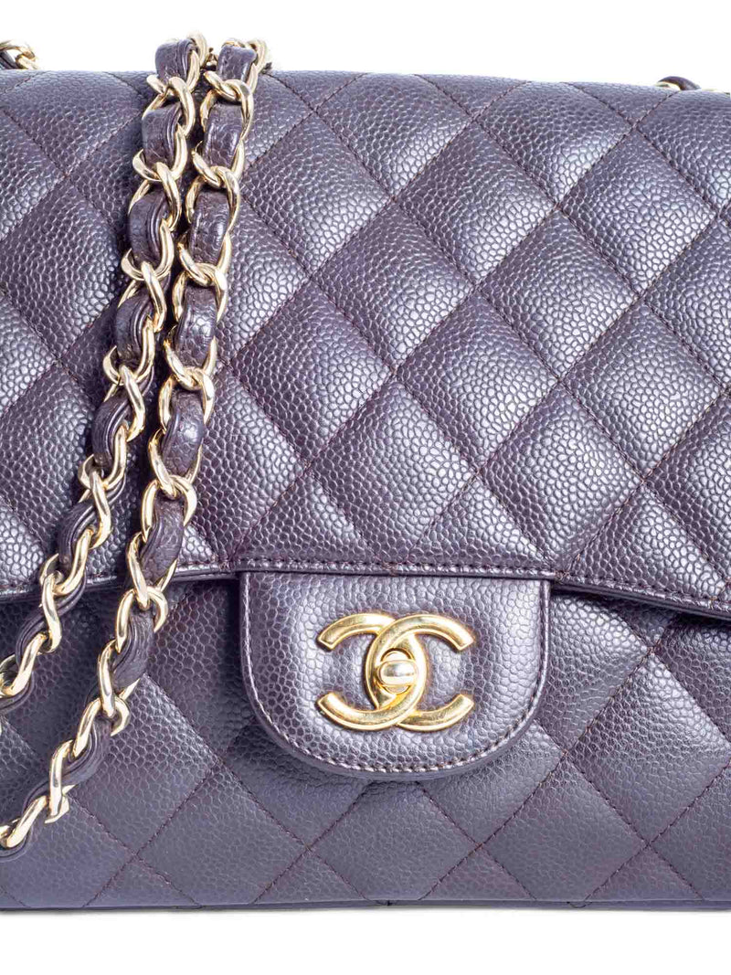CHANEL CC Logo Quilted Caviar Jumbo Double Flap Bag Brown Gold-designer resale