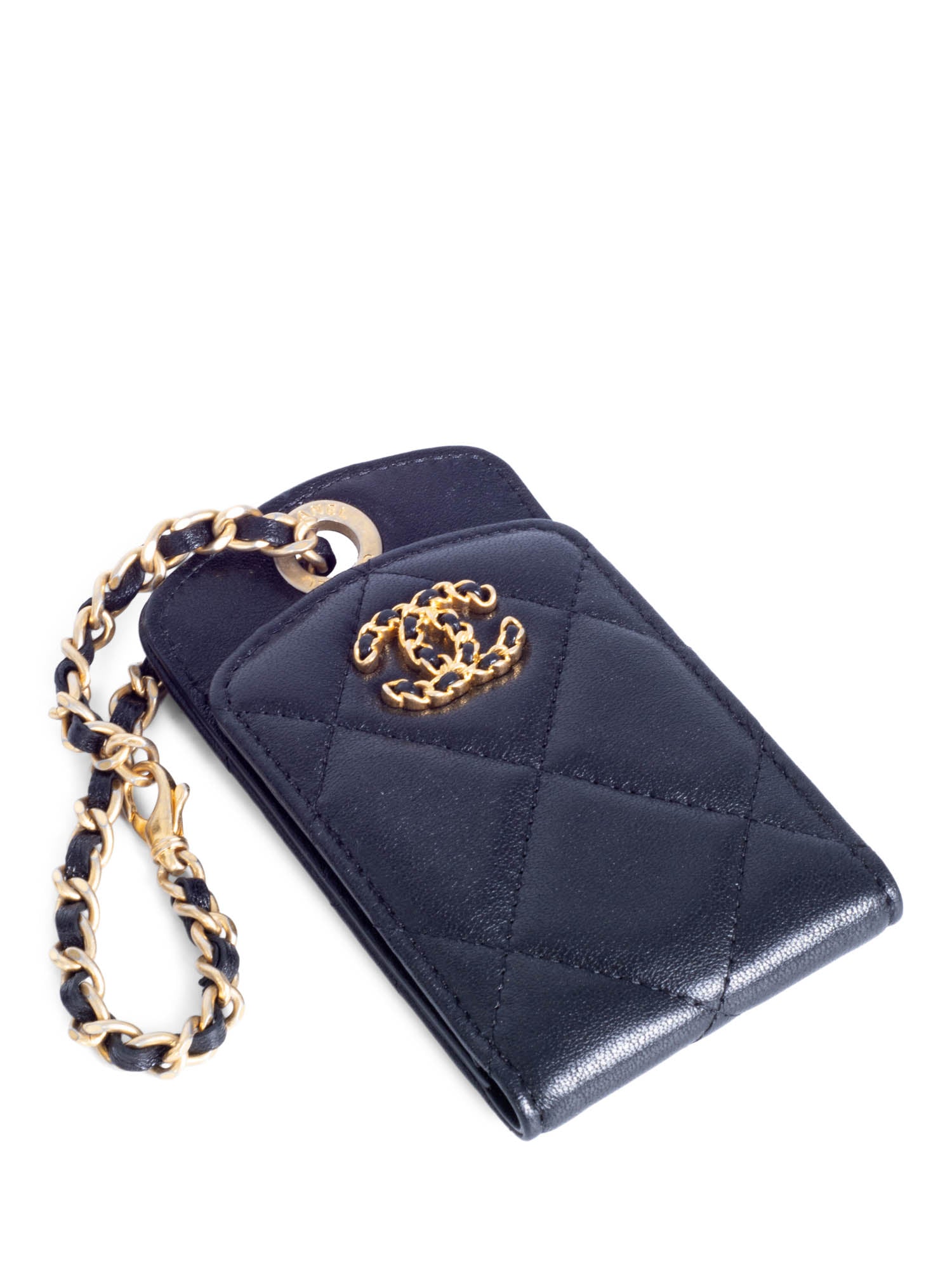 CHANEL CC Logo Quilted Leather 19 Credit Card Wallet Black Gold