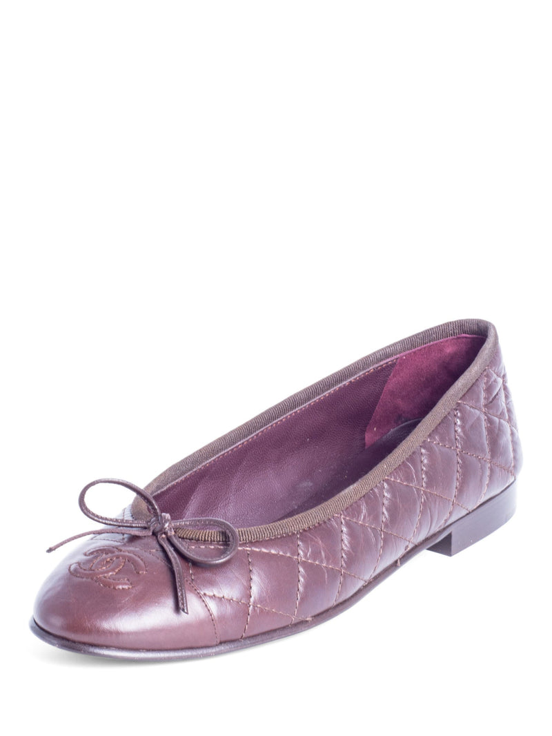 CHANEL CC Logo Quilted Leather Bowtie Cap Toe Ballet Flats Brown-designer resale