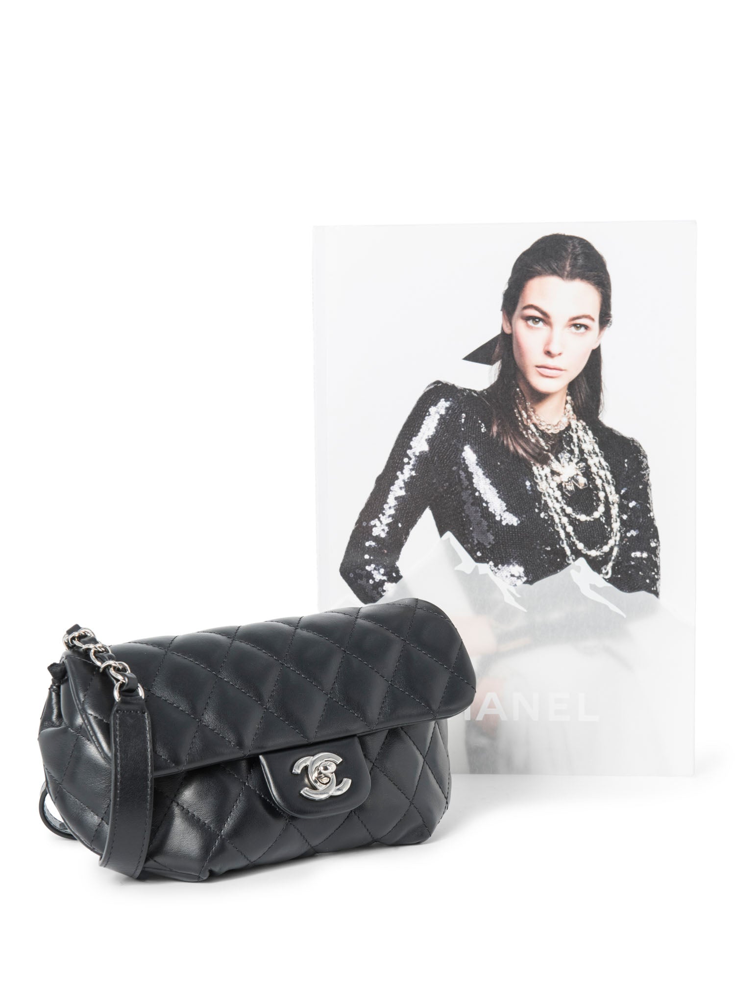CHANEL CC Logo Quilted Leather Chain Belt Bag Black Silver