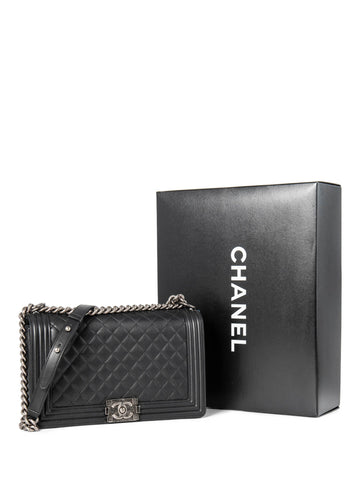 CHANEL CC Logo Quilted Leather Medium Boy Bag Black-designer resale