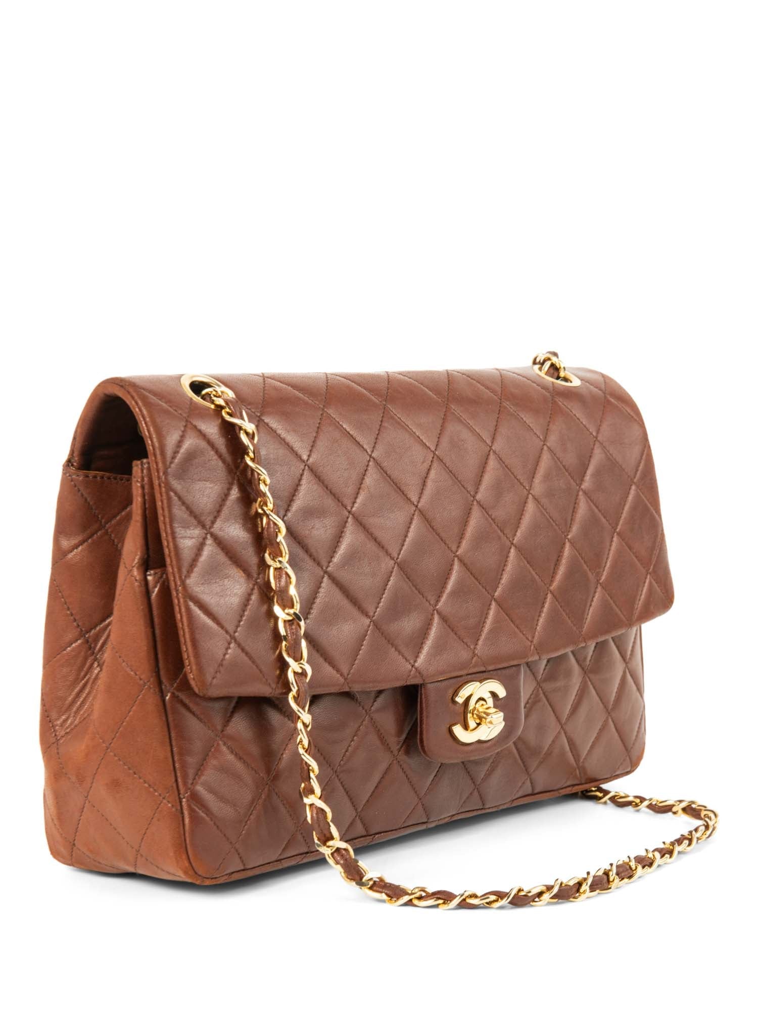 CHANEL CC Logo Quilted Leather Medium Flap Bag Brown Gold
