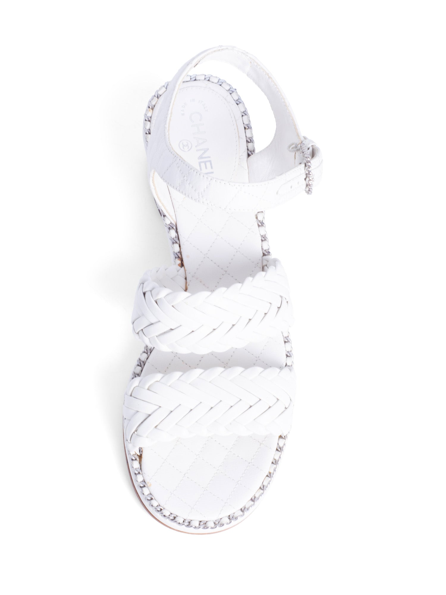CHANEL CC Logo Quilted Woven Chain Block Heel Sandal White-designer resale