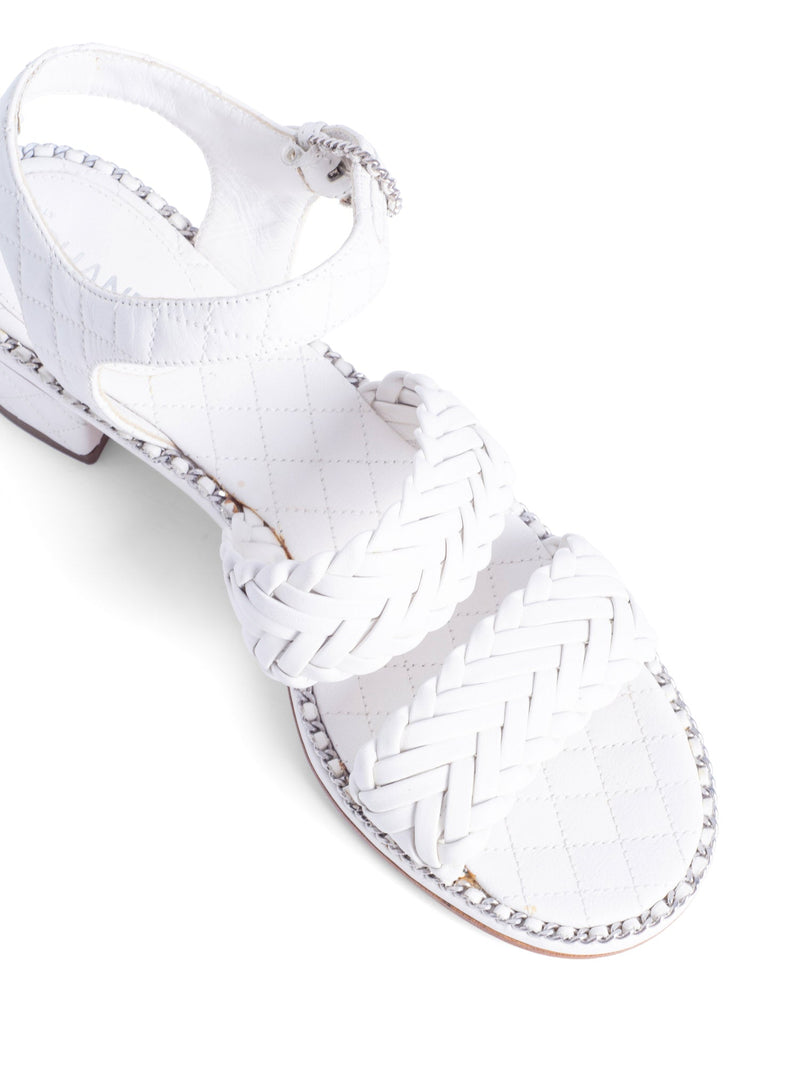 CHANEL CC Logo Quilted Woven Chain Block Heel Sandal White-designer resale