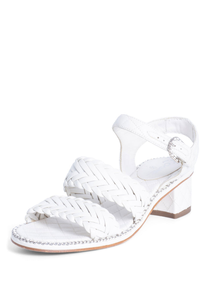 CHANEL CC Logo Quilted Woven Chain Block Heel Sandal White