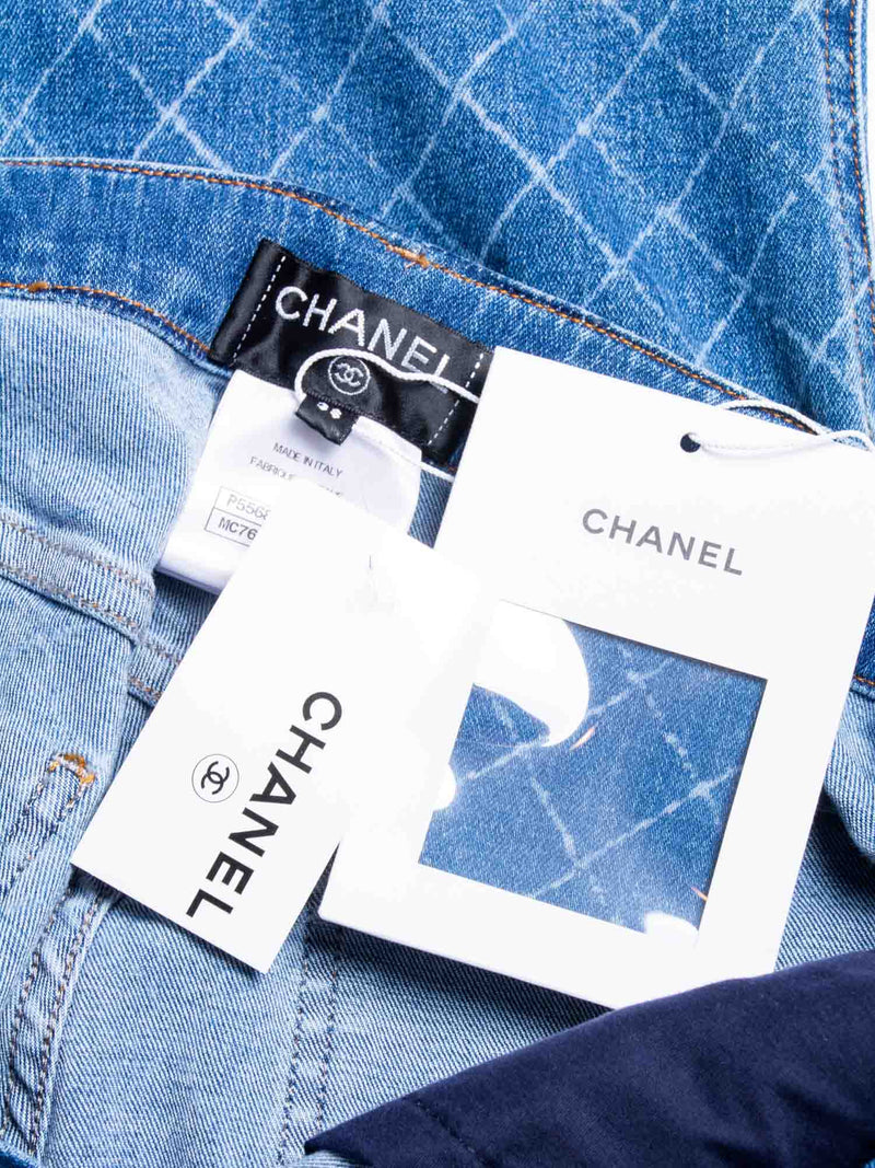 CHANEL CC Logo Quilted Zippered Skinny Denim Jeans Blue