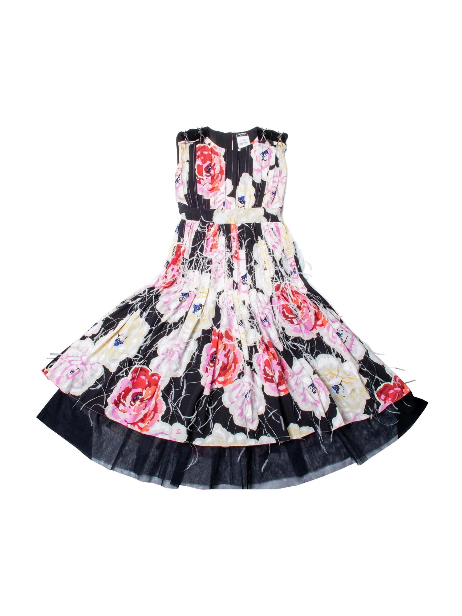 CHANEL CC Logo Runway Silk Feathered Cameilla A-Line Dress Multicolor