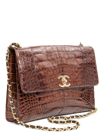CHANEL CC Logo Shiny Crocodile Jumbo Flap Messenger Bag Brown-designer resale