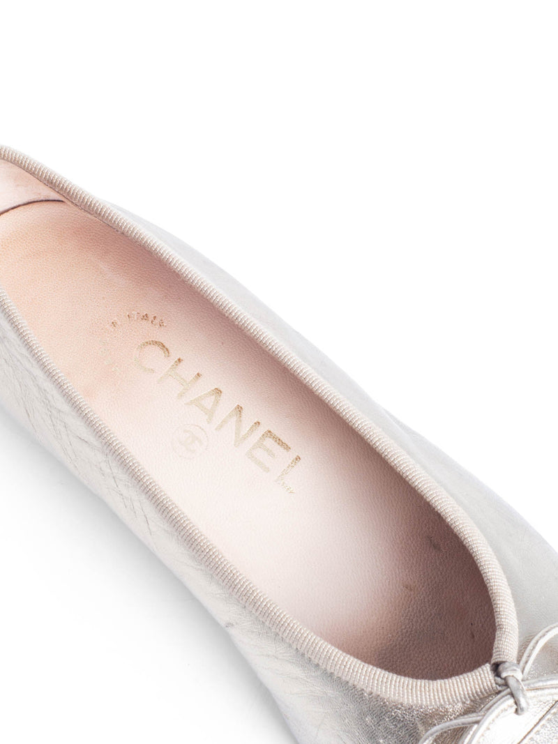 CHANEL CC Logo Shiny Leather Bowtie Cap Toe Ballet Flats Gold