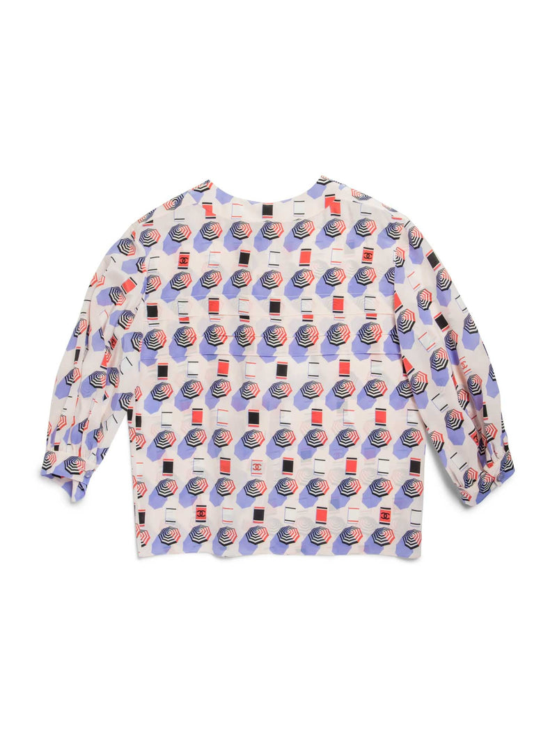 CHANEL CC Logo Silk Beach Motif Blouse Pink