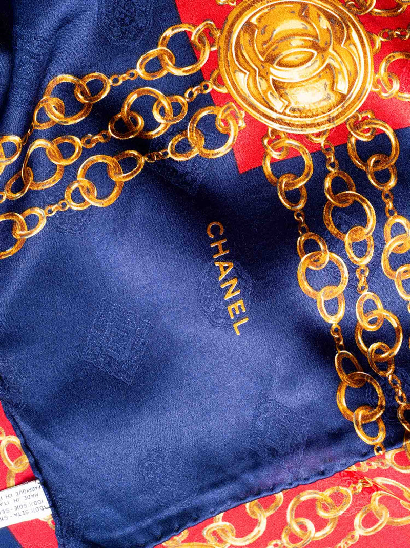 CHANEL CC Logo Silk Chain Scarf Red Blue-designer resale