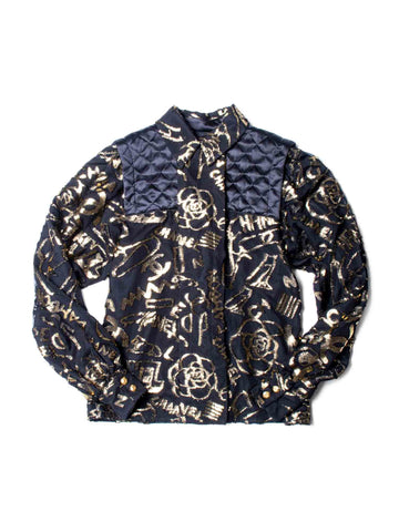 CHANEL CC Logo Silk New York Graffiti Button Up Blouse Black Gold-designer resale