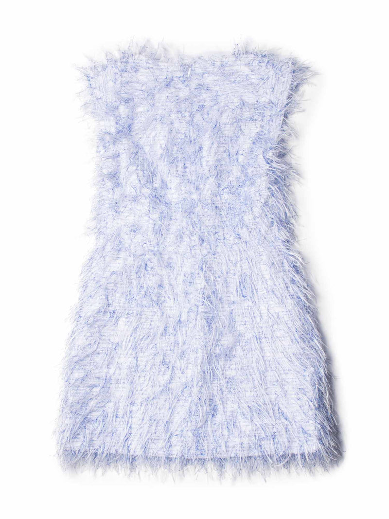 CHANEL CC Logo Sleeveless Fringe Mini Dress Blue White CHANEL CC Logo Sleeveless Fringe Mini Dress Blue White