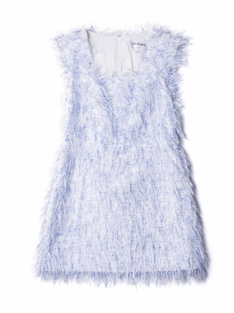 CHANEL CC Logo Sleeveless Fringe Mini Dress Blue White CHANEL CC Logo Sleeveless Fringe Mini Dress Blue White