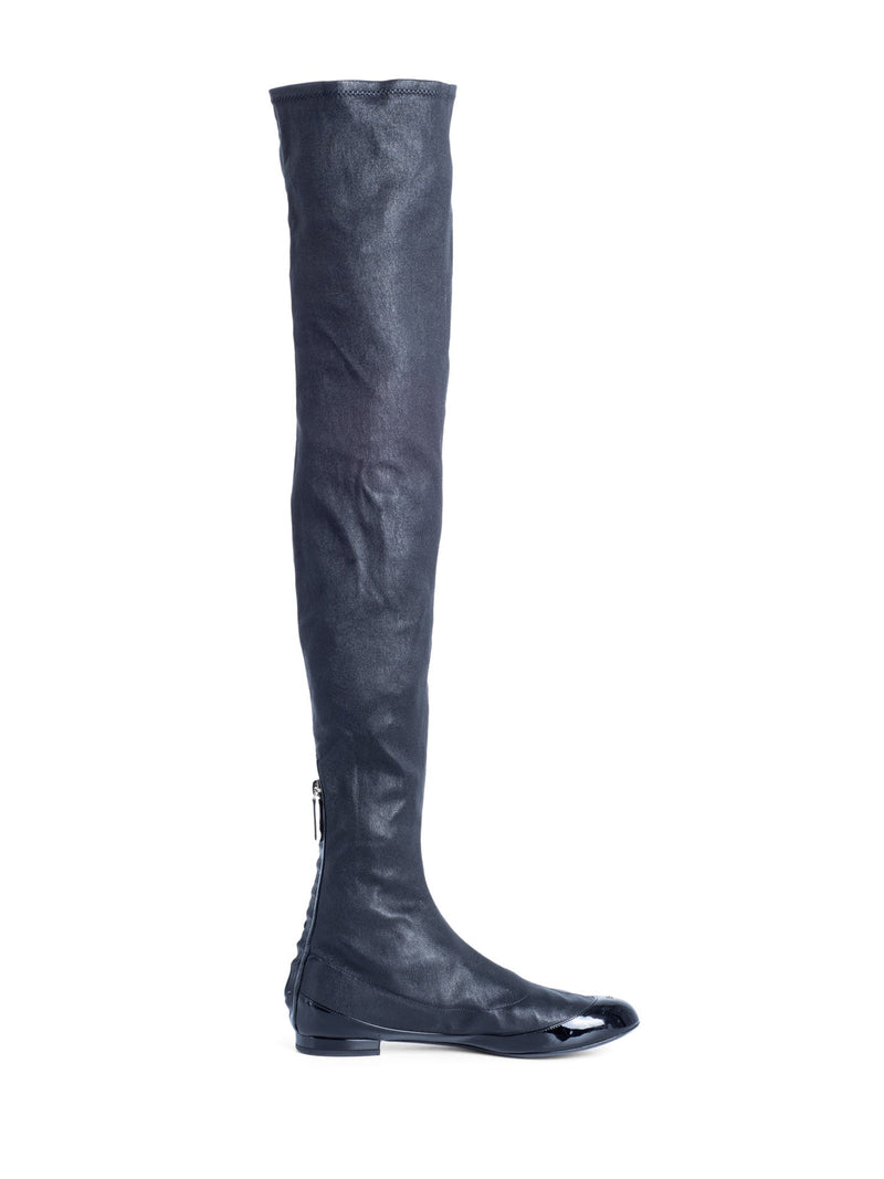CHANEL CC Logo Stretchy Leather Cap Toe Over The Knee Boots Black-designer resale