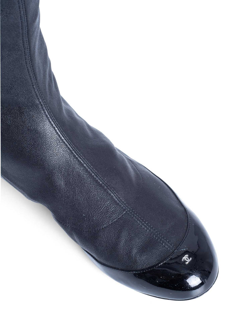 CHANEL CC Logo Stretchy Leather Cap Toe Over The Knee Boots Black-designer resale