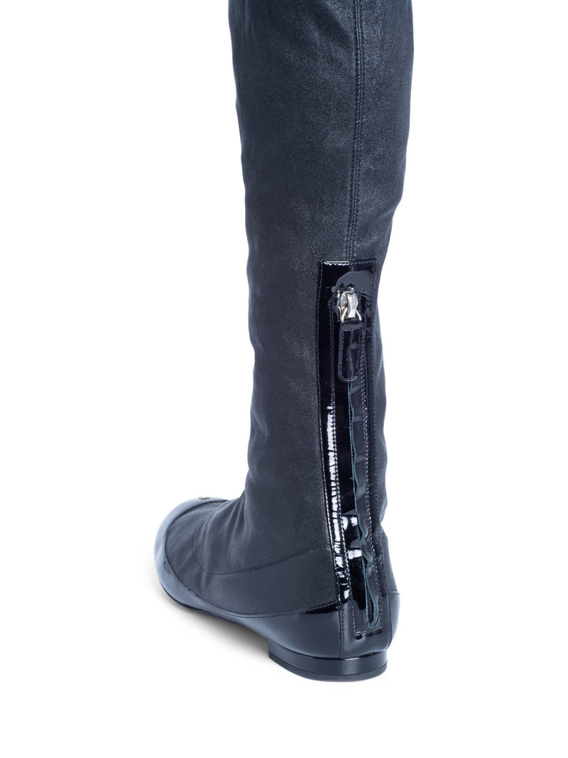CHANEL CC Logo Stretchy Leather Cap Toe Over The Knee Boots Black-designer resale