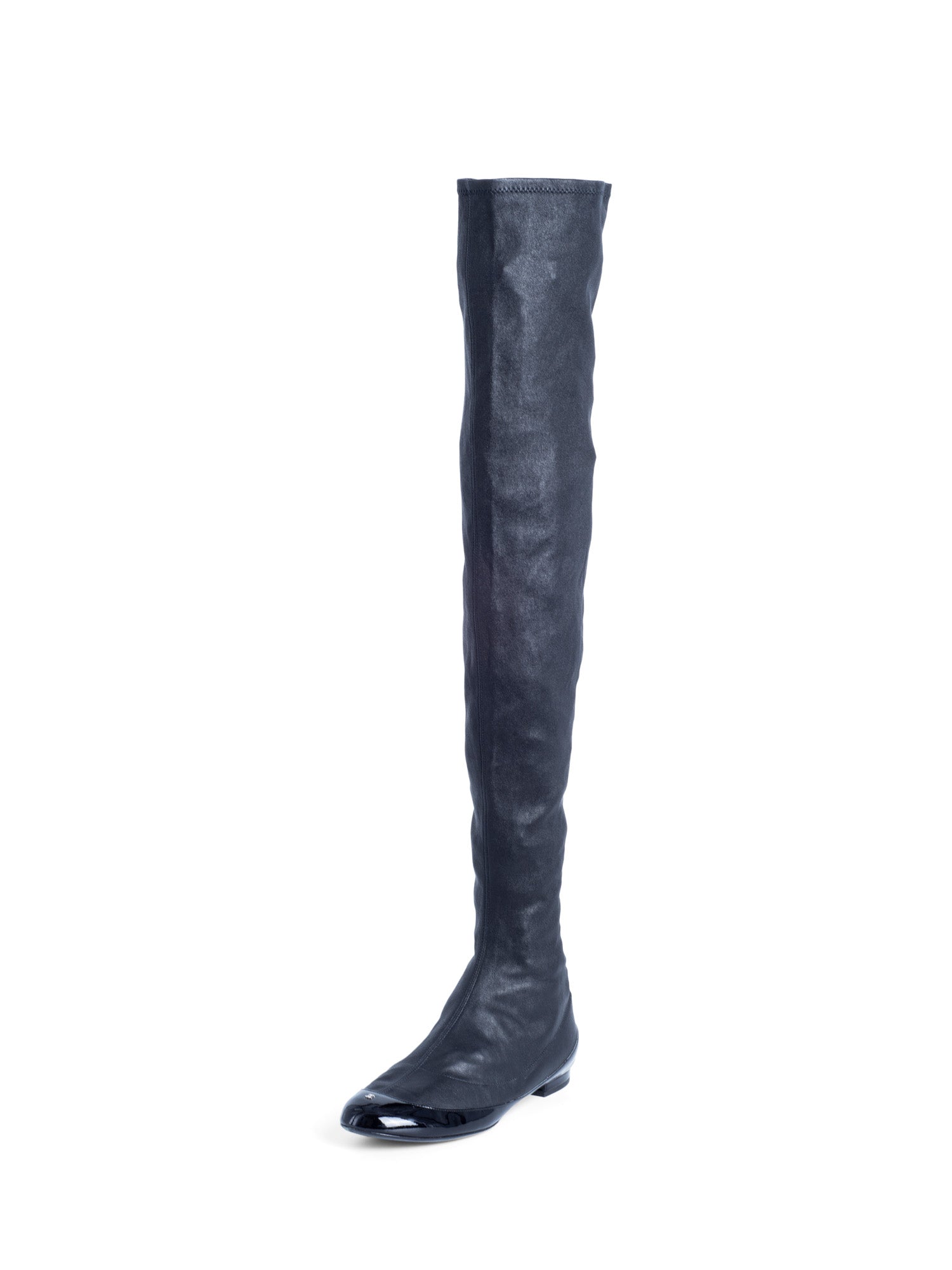 CHANEL CC Logo Stretchy Leather Cap Toe Over The Knee Boots Black-designer resale