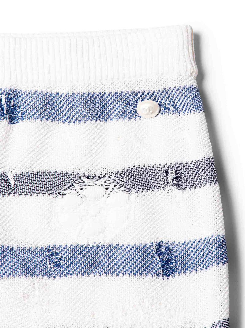 CHANEL CC Logo Striped Knit Distressed Camellia Skirt White Navy Blue-designer resale