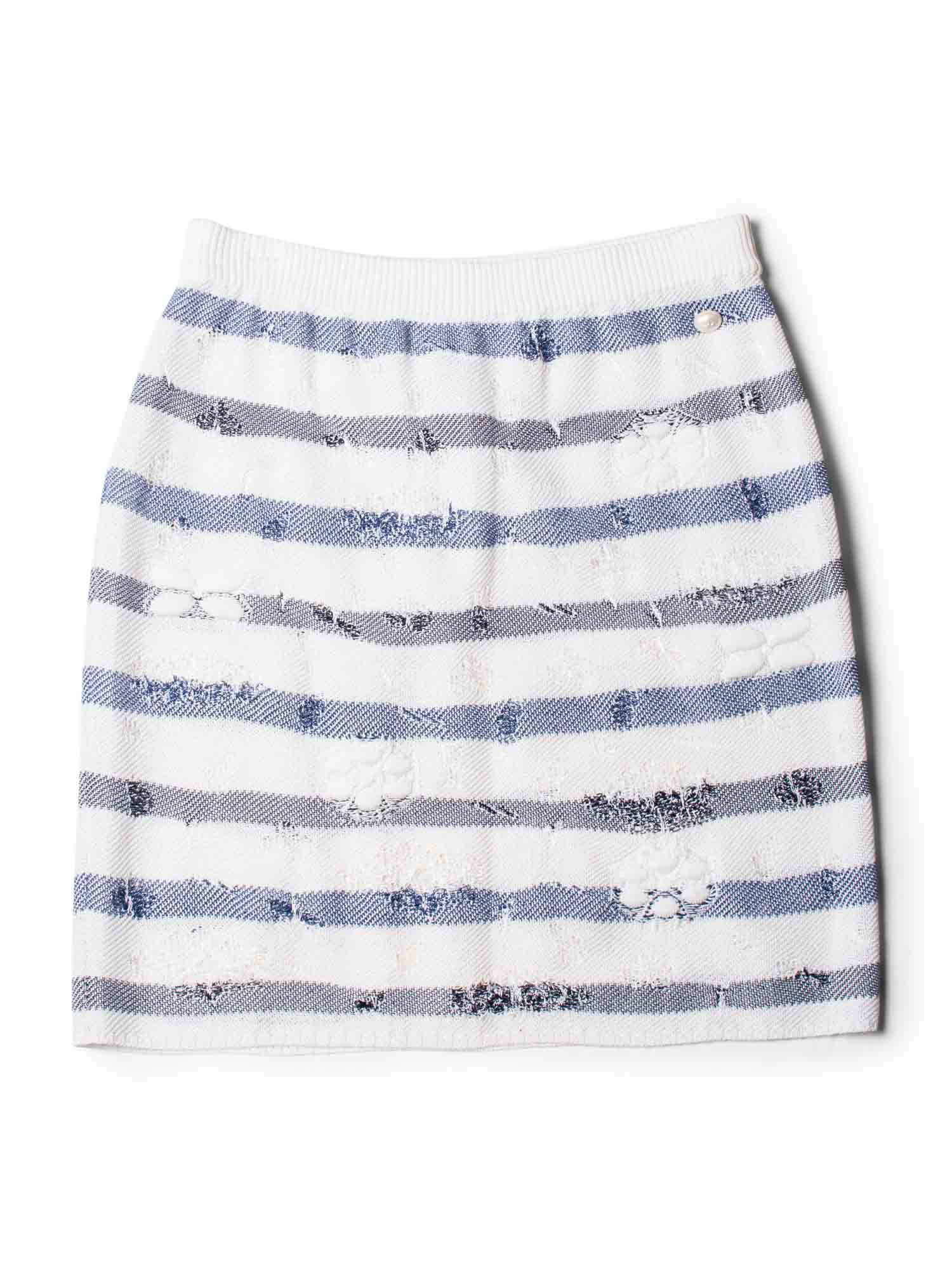CHANEL CC Logo Striped Knit Distressed Camellia Skirt White Navy Blue-designer resale