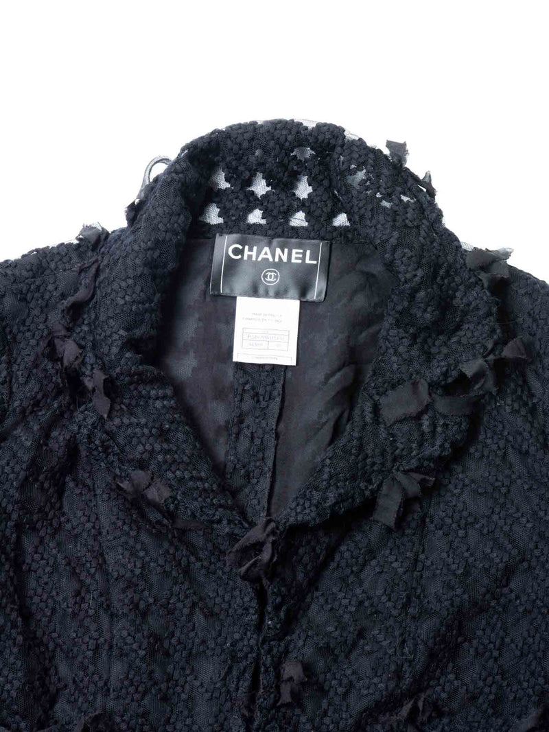 CHANEL CC Logo Tweed Fringe Camellia Jacket Black