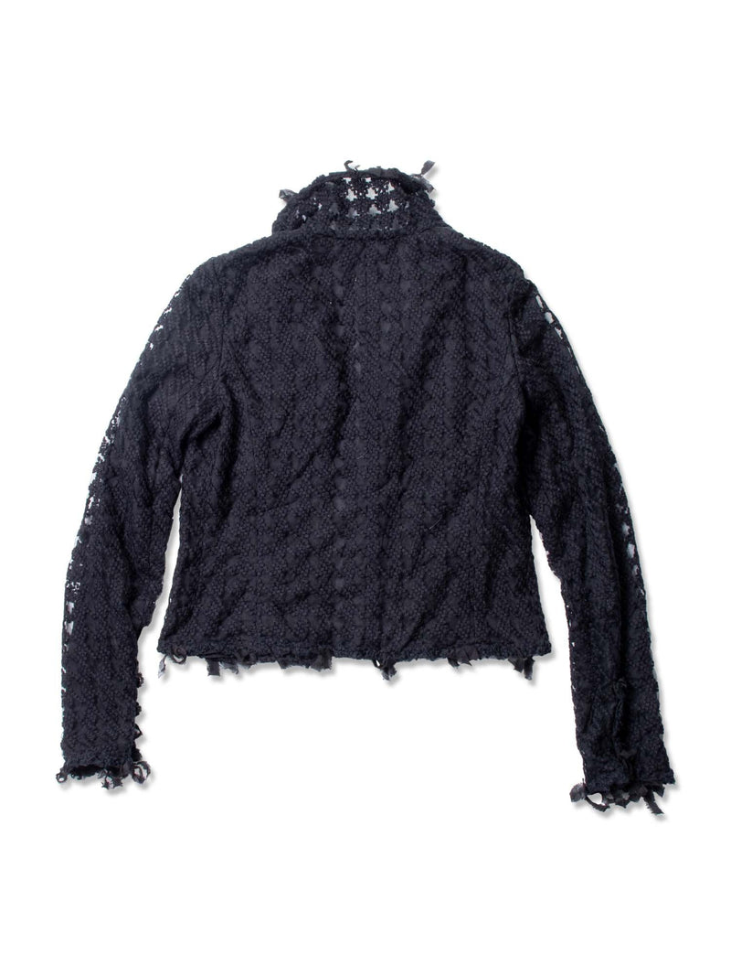 CHANEL CC Logo Tweed Fringe Camellia Jacket Black-designer resale