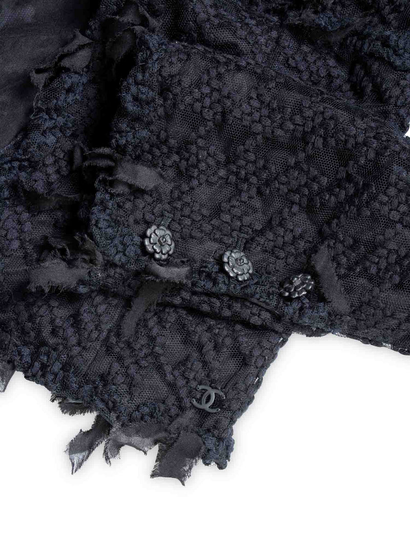 CHANEL CC Logo Tweed Fringe Camellia Jacket Black-designer resale