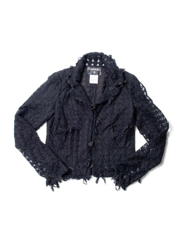 CHANEL CC Logo Tweed Fringe Camellia Jacket Black-designer resale