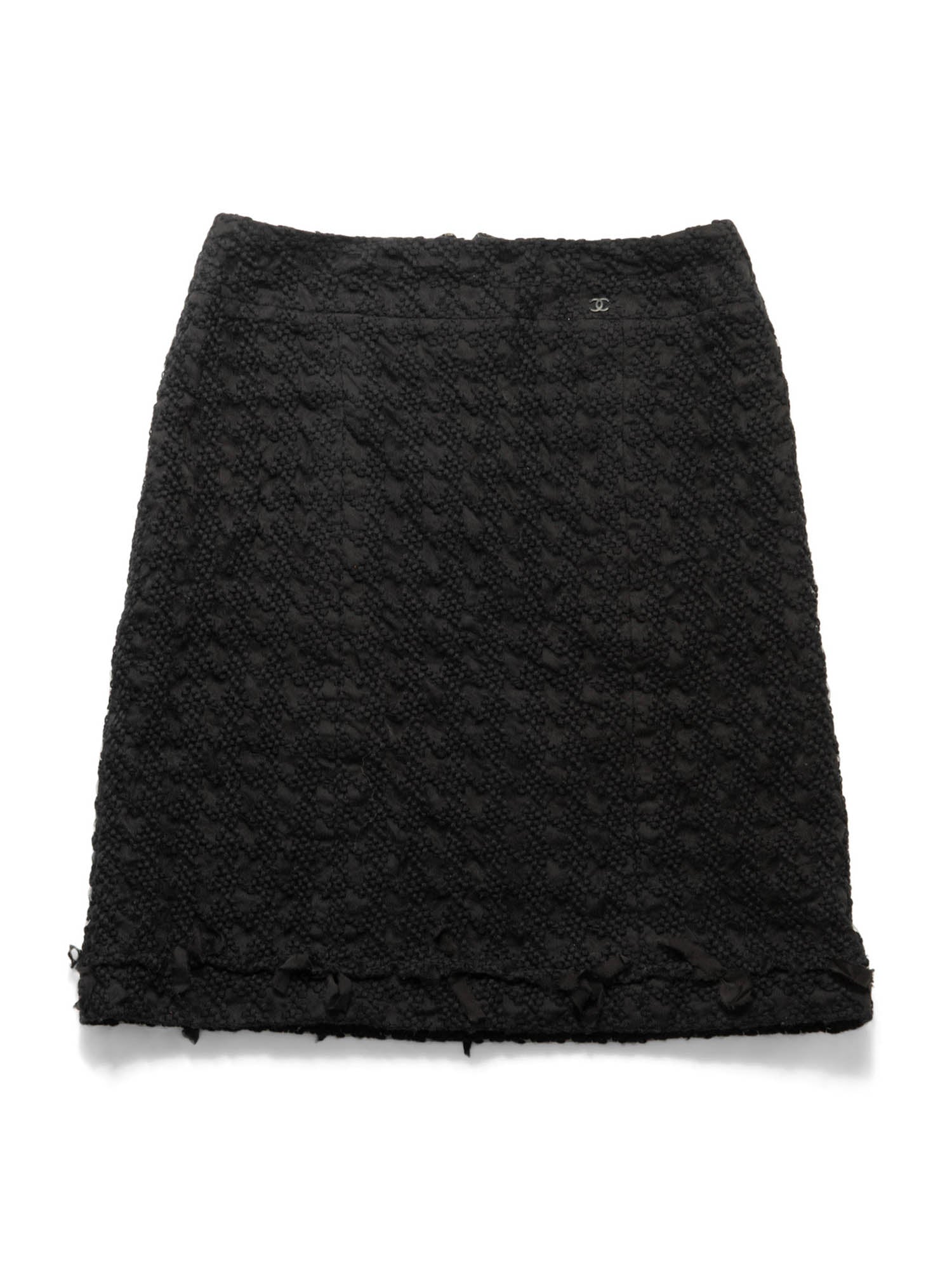 CHANEL CC Logo Tweed Fringe Camellia Skirt Black-designer resale