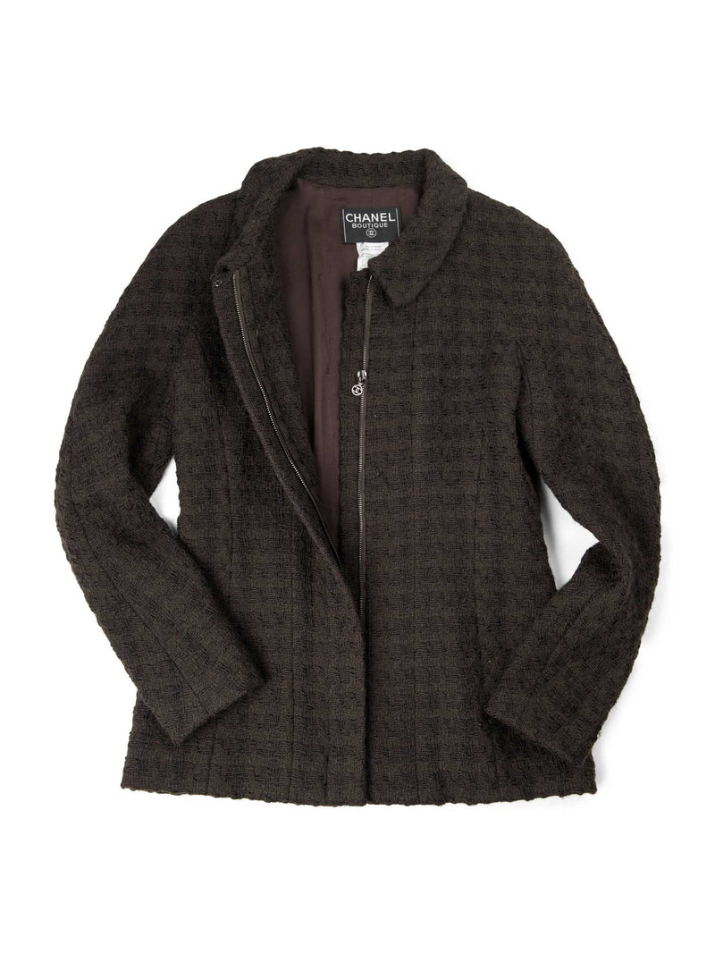 Chanel CC Logo Tweed Zip Up Jacket Brown