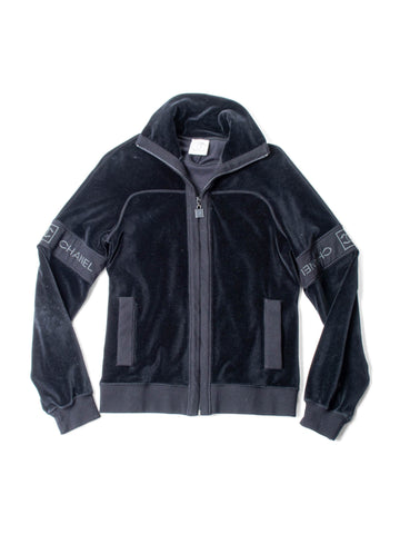 CHANEL CC Logo Velvet Zip Up Sweatshirt Black-designer resale