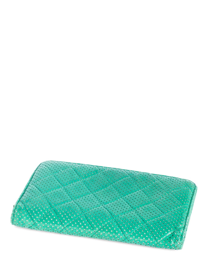 CHANEL CC Logo Vintage Perforated Quilted Leather Wallet Green-designer resale