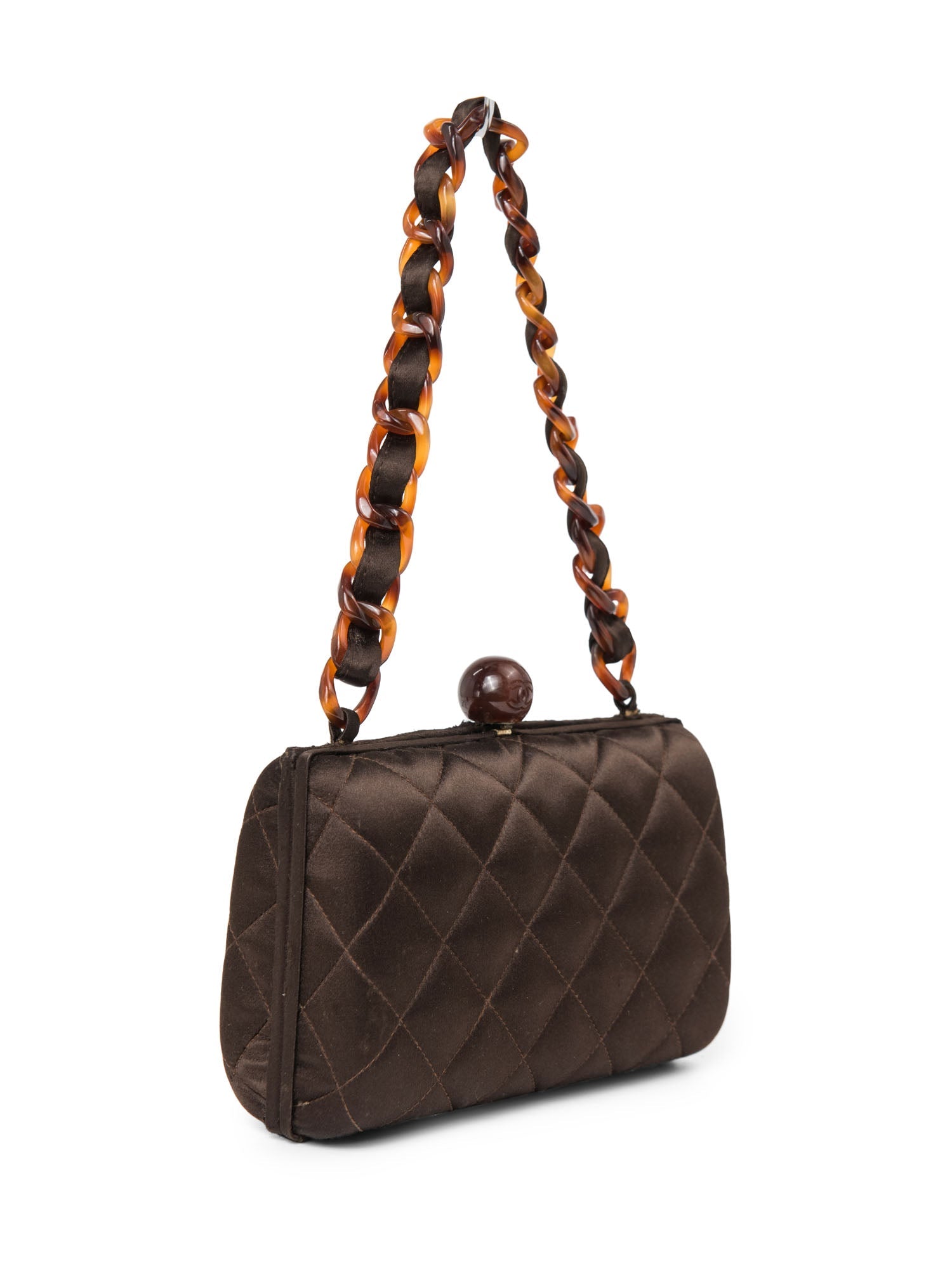CHANEL CC Logo Vintage Quilted Silk Lucite Chain Mini Bag Brown