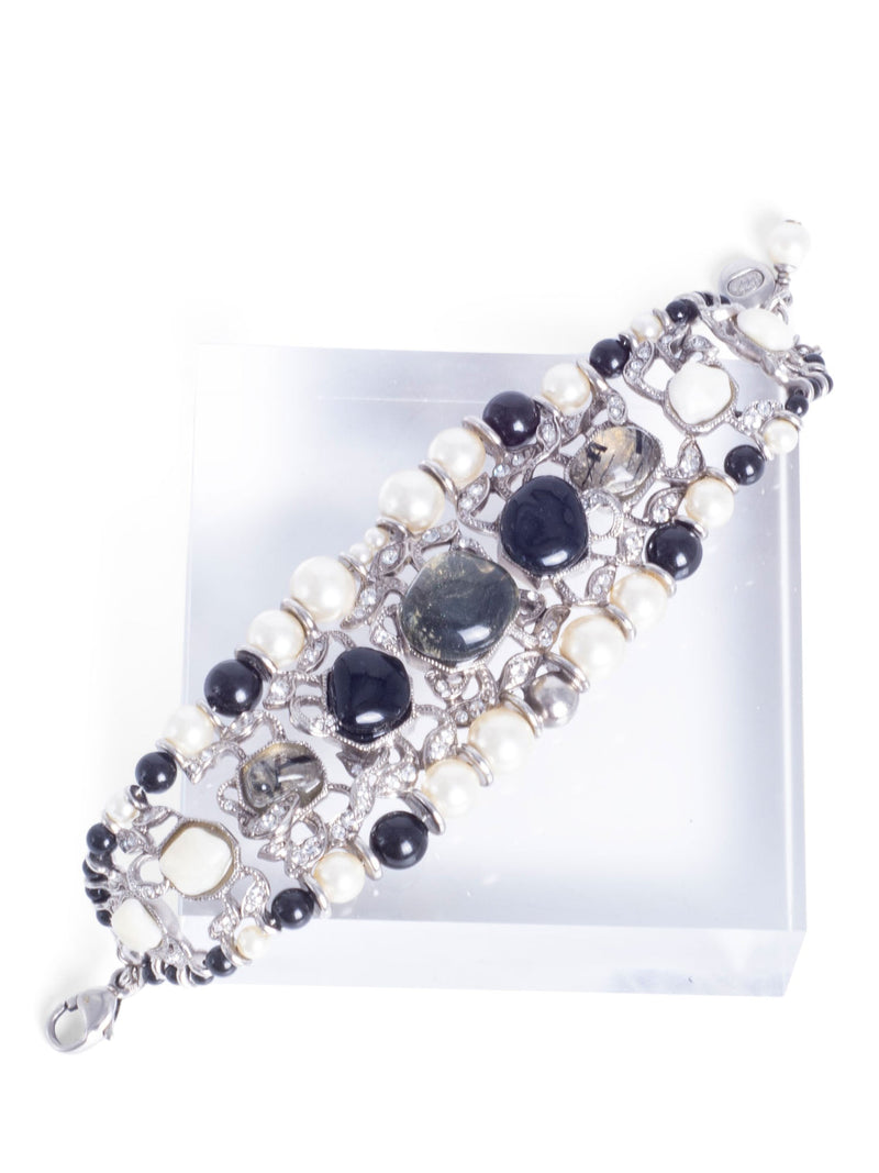 CHANEL Cabochon Silver Pearl Bracelet White Black-designer resale