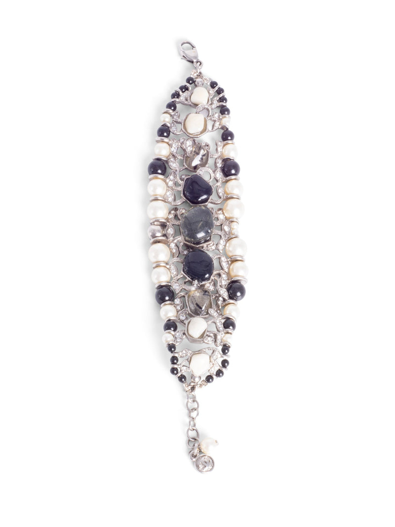 CHANEL Cabochon Silver Pearl Bracelet White Black-designer resale