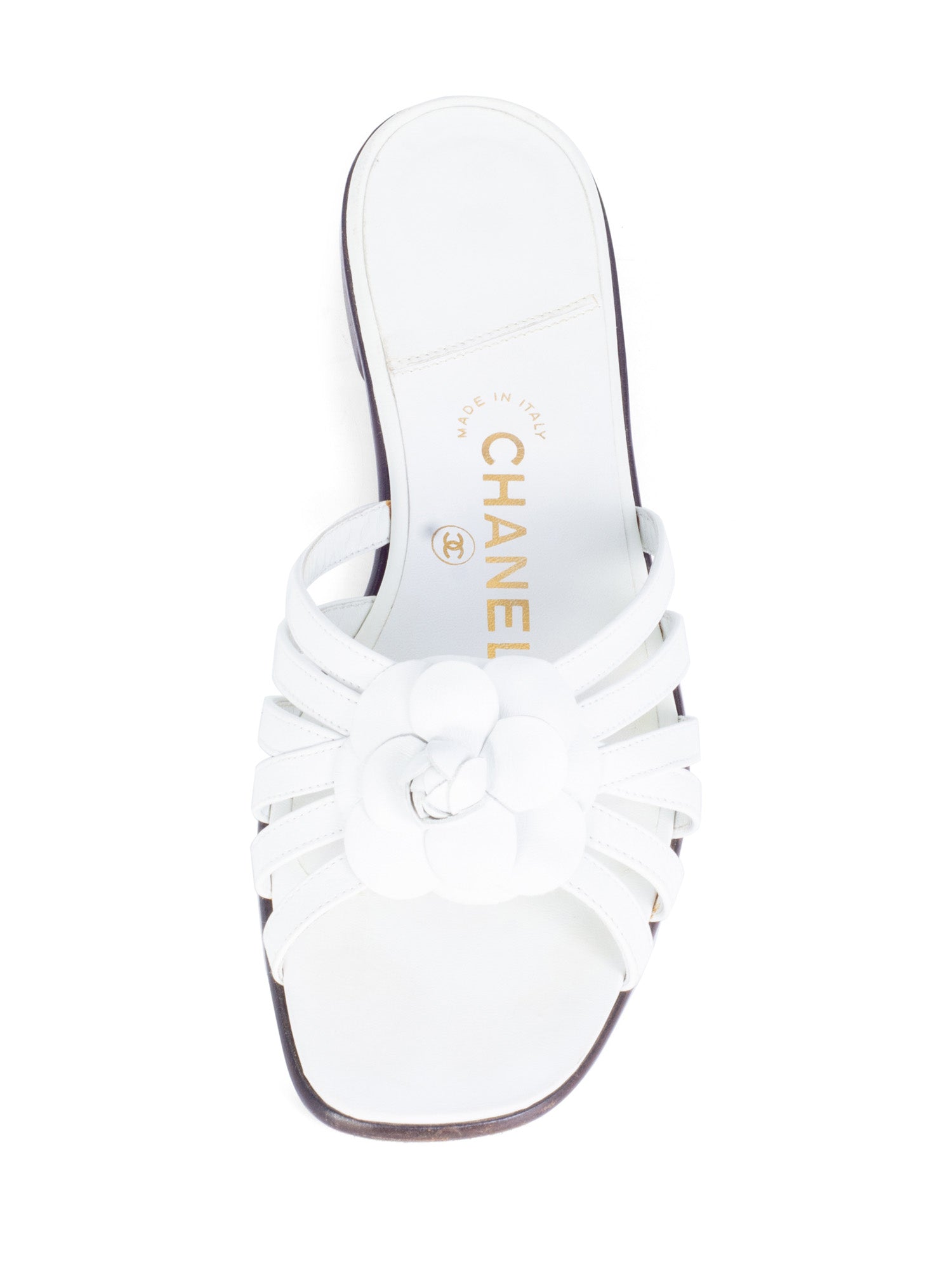 CHANEL Cameilla Leather Slip On Strap Sandals White