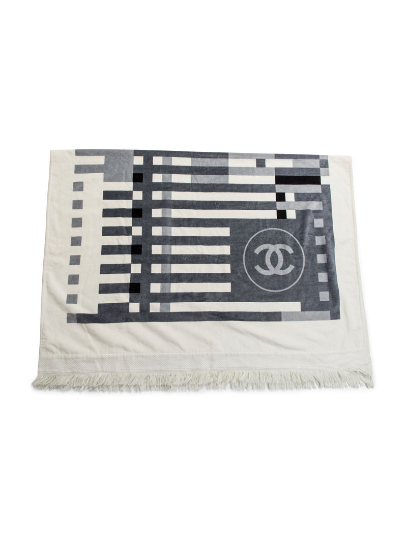 CHANEL Cotton CC Logo Fringe Extra Large Towel White Grey Black-designer resale