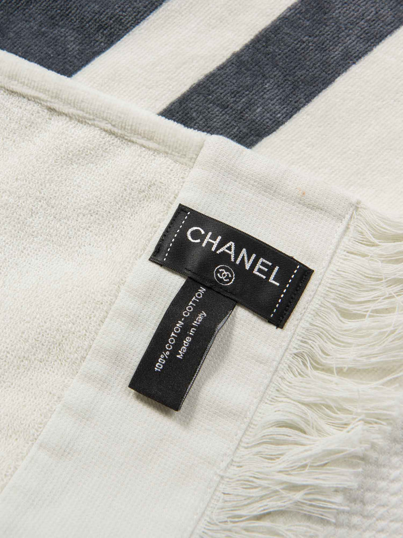 CHANEL Cotton CC Logo Fringe Extra Large Towel White Grey Black-designer resale