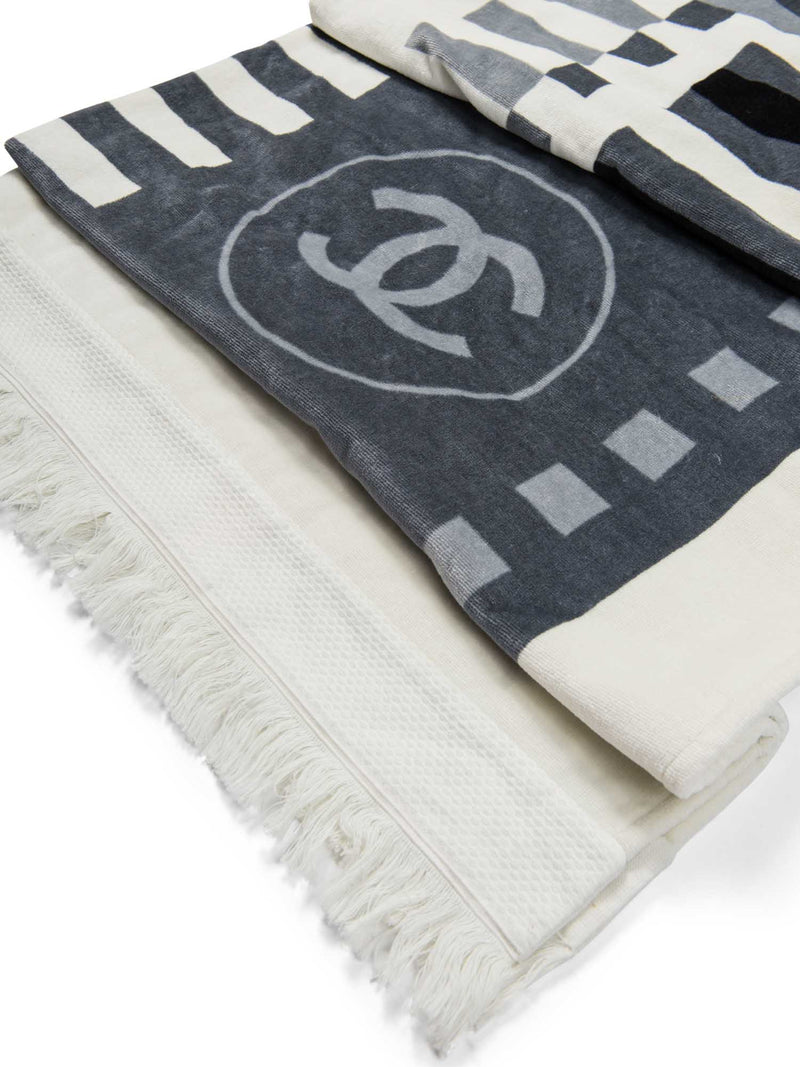 CHANEL Cotton CC Logo Fringe Extra Large Towel White Grey Black-designer resale