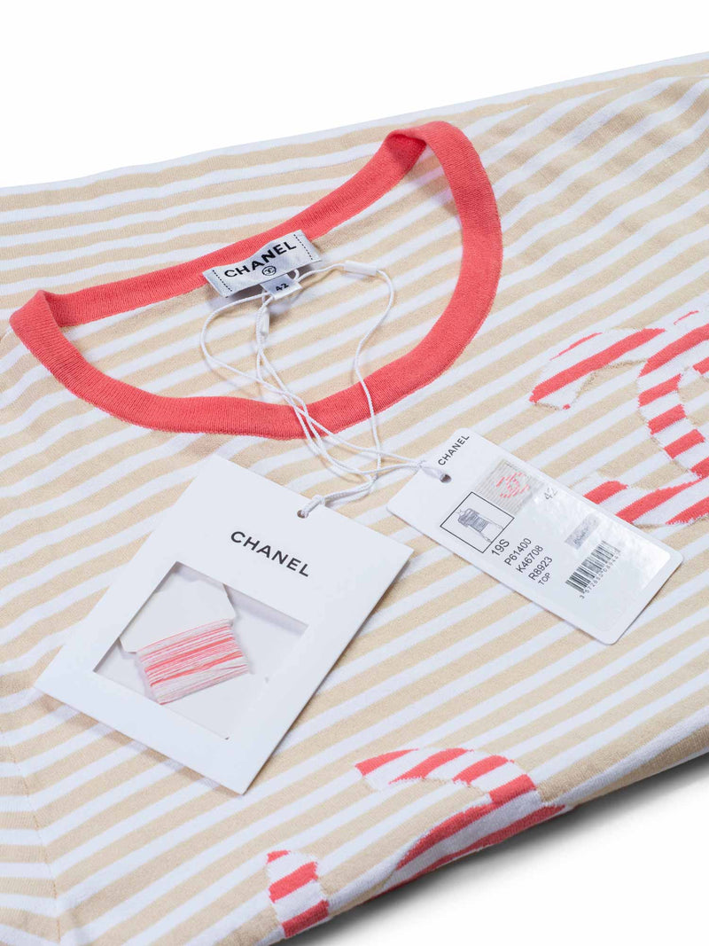 CHANEL Cotton CC Logo Stripe Top Tan Pink EU 42-designer resale