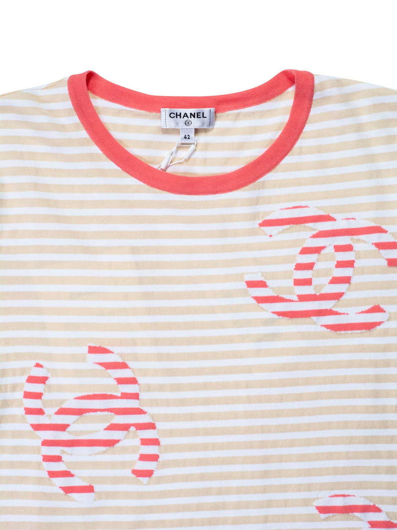CHANEL Cotton CC Logo Stripe Top Tan Pink EU 42-designer resale