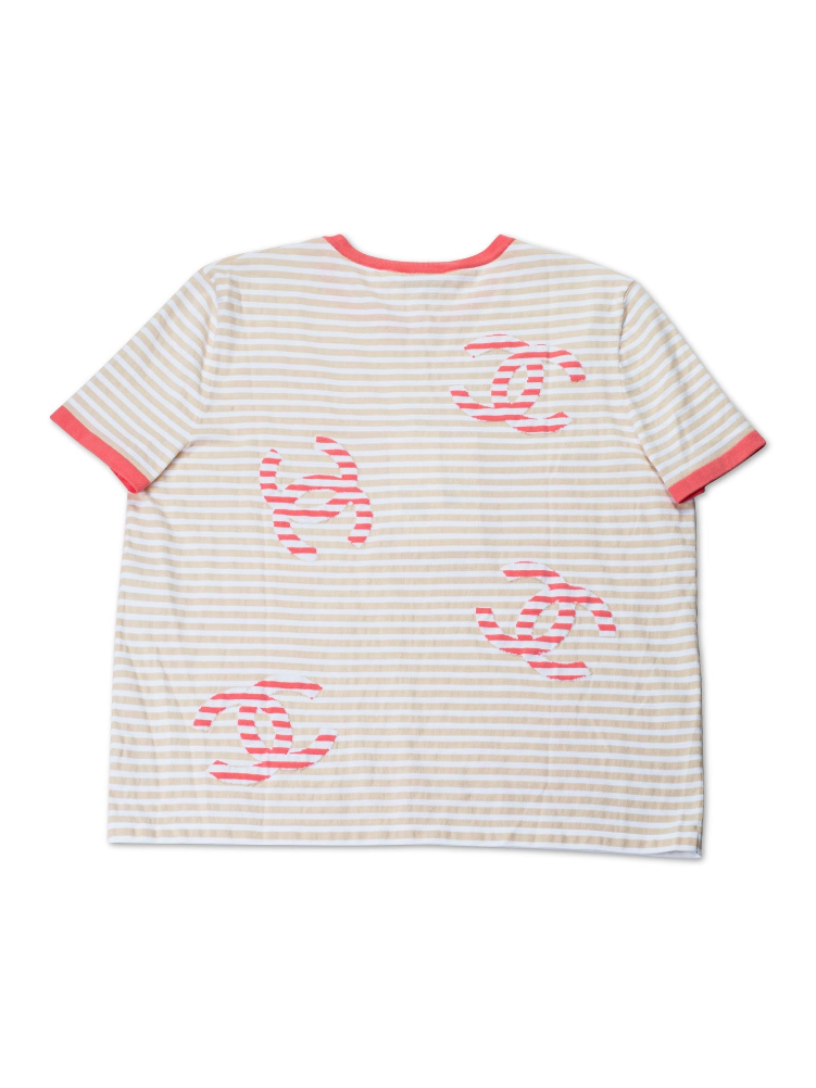 CHANEL Cotton CC Logo Stripe Top Tan Pink EU 46-designer resale