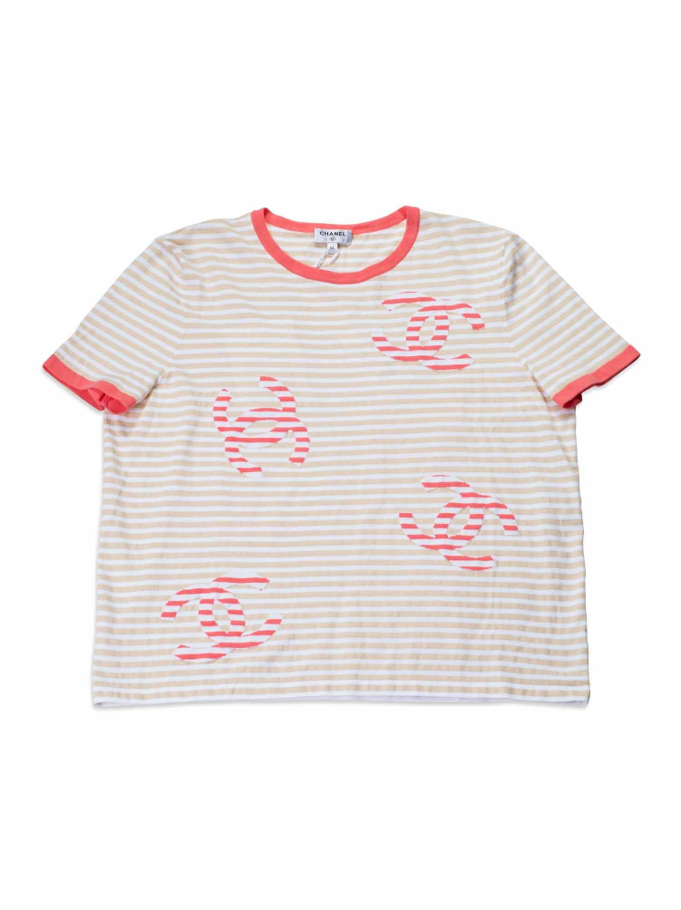 CHANEL Cotton CC Logo Stripe Top Tan Pink EU 46-designer resale